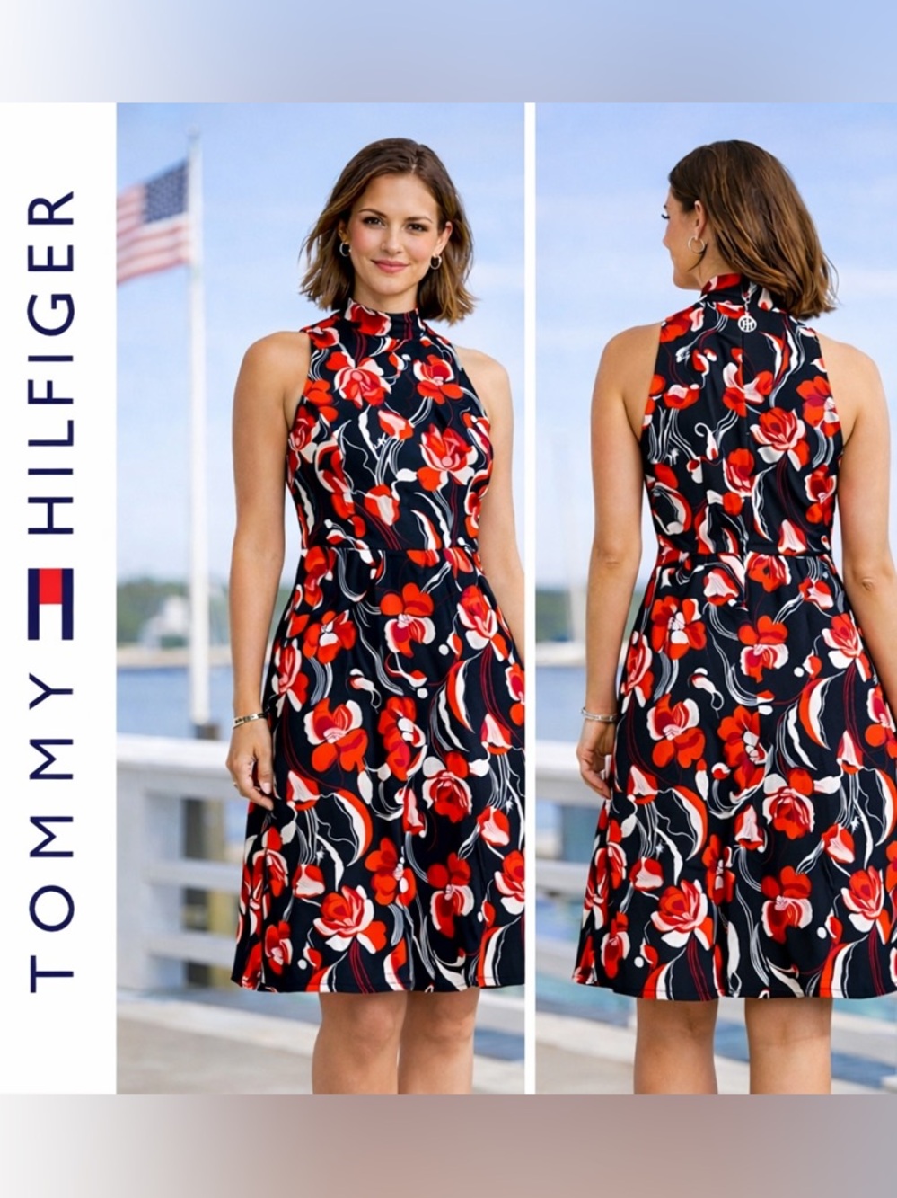 ✂️  3/$25! Tommy Hilfiger Floral A-Line Halter Mock-neck midi black-red-white 8
